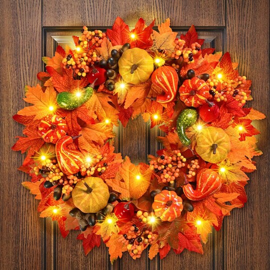 Sanchez; Fall Decorations - Fall Wreaths for Front Door, 20 Inch Fall Wreaths with Welcome Sign, Pumpkin Wreath Maple Leaves Berries Acorn Fall Wreath for Harvest Thanksgiving Indoor-Outdoor Decor; Category:Floral Hangers; Image:1